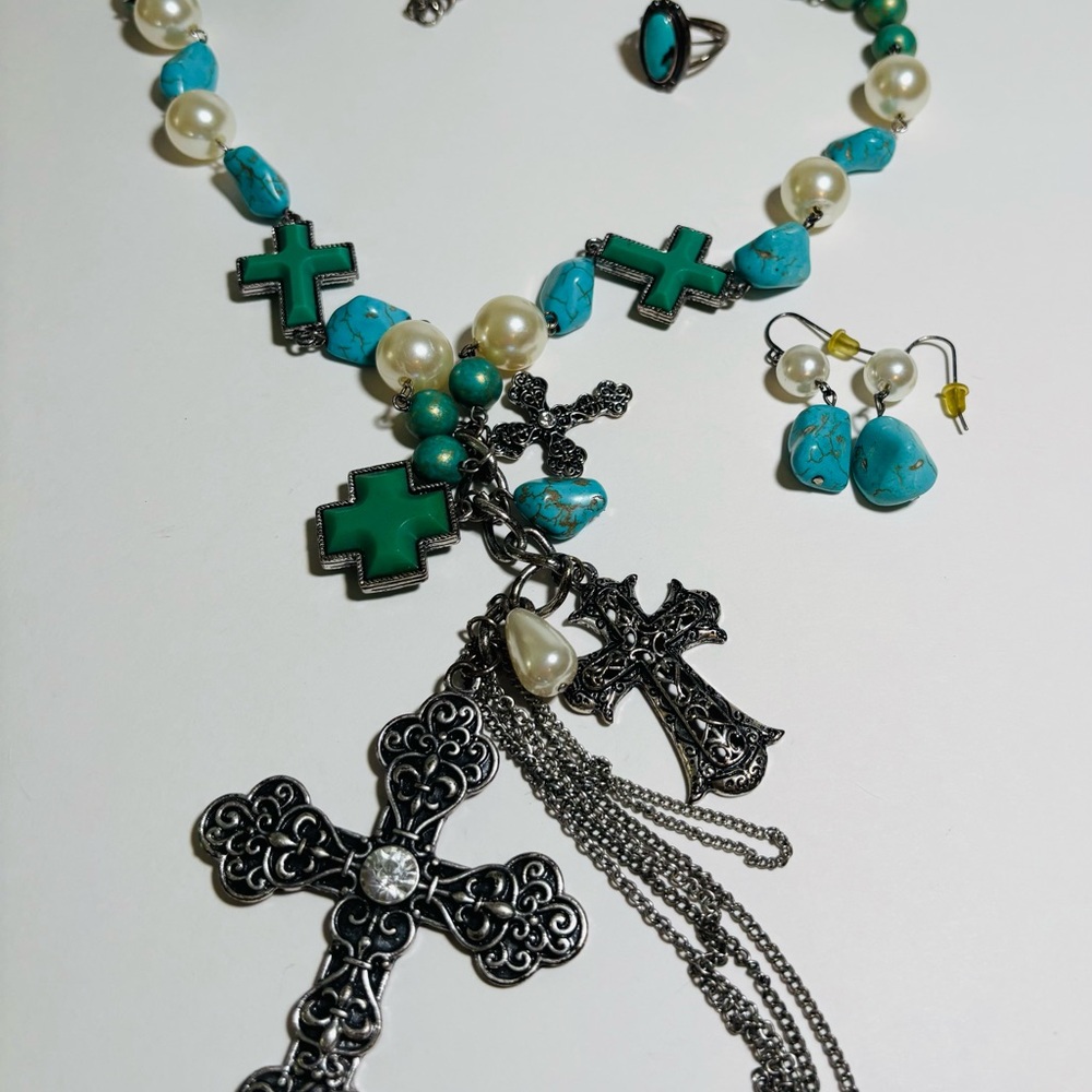 Turquoise and Silver Cross Necklace Set Earrings and matching ring